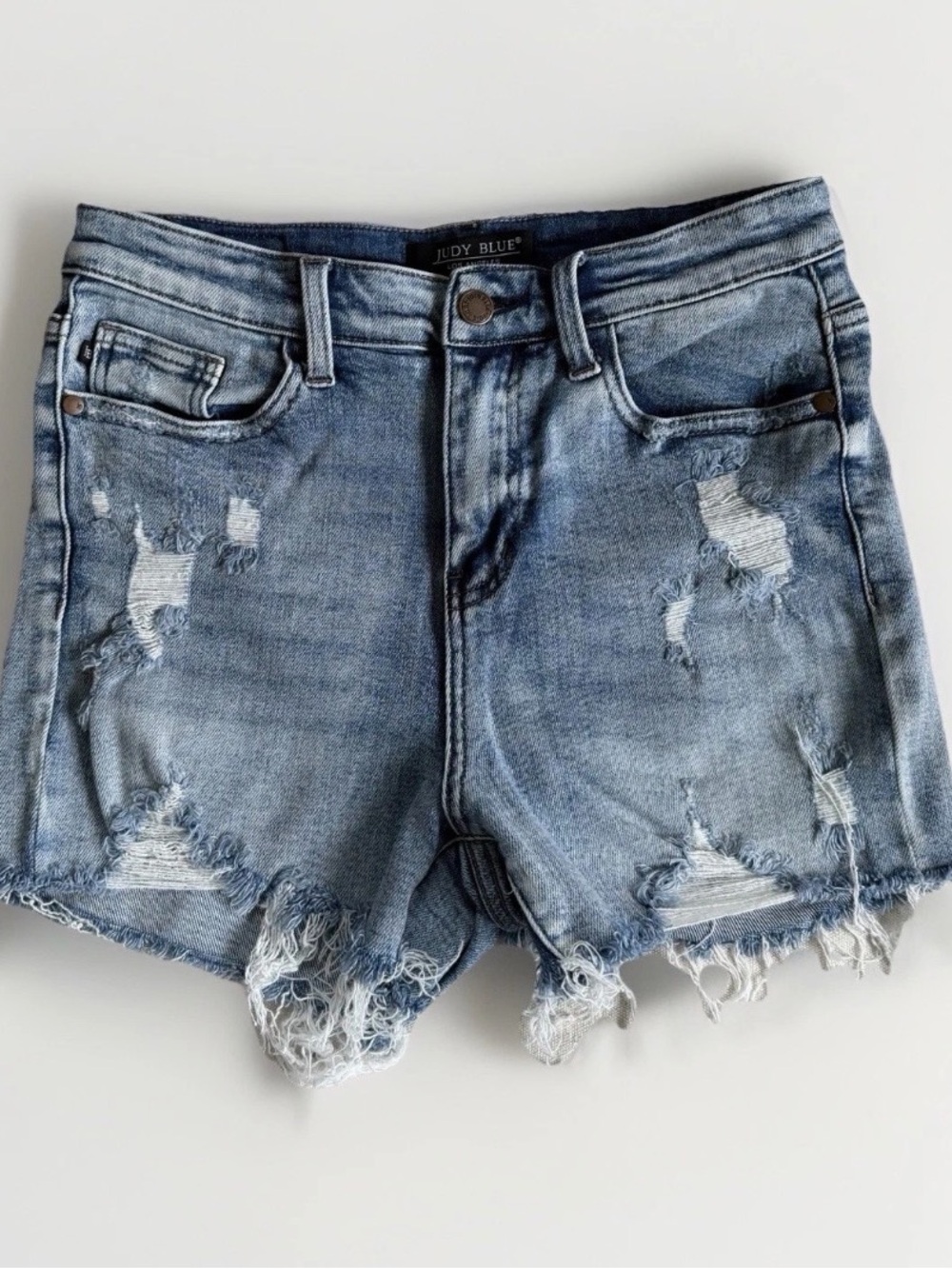 Judy Blue High Rise Distressed Frayed Raw Hem Denim Jean Shorts Medium